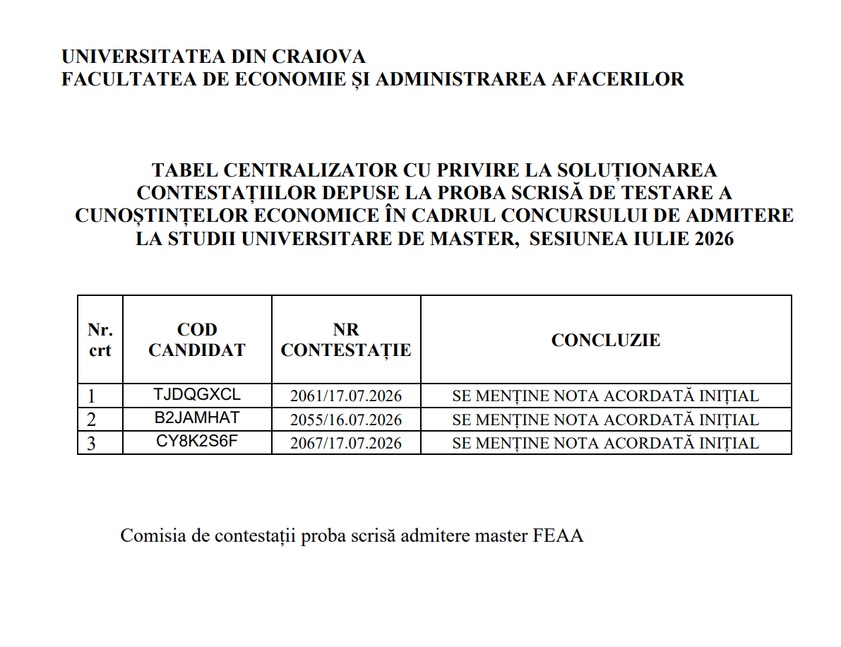 Rezoluția soluționării contestațiilor la examenul scris Admitere master FEAA, iulie 2026
